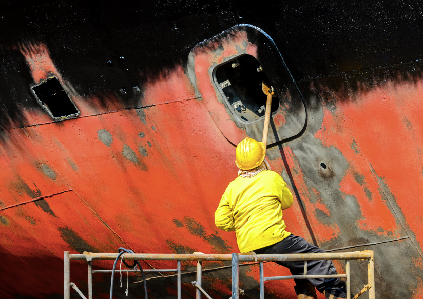 man cleaning a boat wearing a yellow jacket