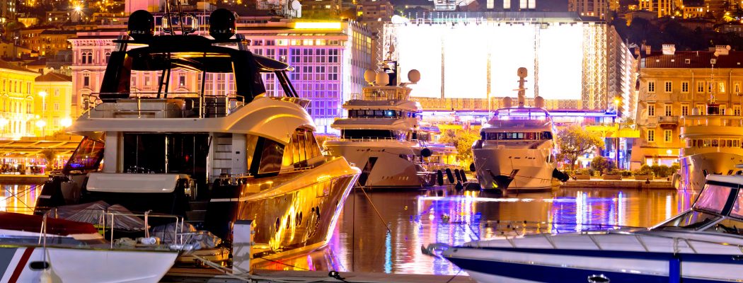 City of Rijeka yachting waterfront evening view, Kvarner bay, Croatia