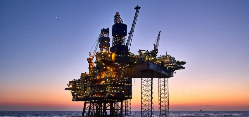 A oil rig in the water