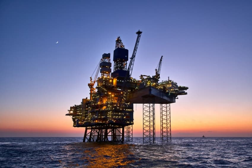 A oil rig in the water