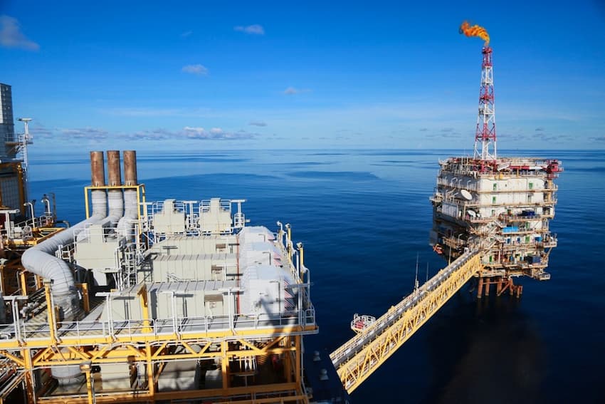 A large oil rig in the ocean